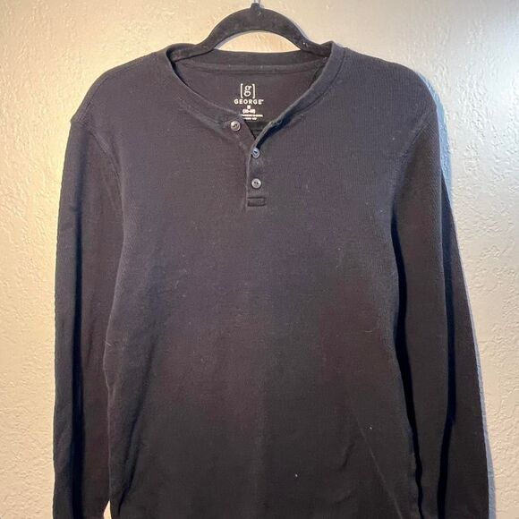 George Other - George Men's Black and Navy T-shirt Buttoned Collar  LongSleeve